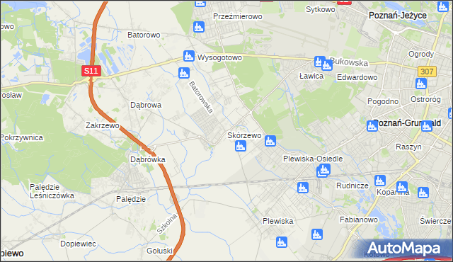 mapa Skórzewo gmina Dopiewo, Skórzewo gmina Dopiewo na mapie Targeo