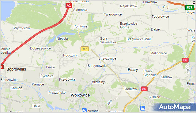 mapa Strzyżowice gmina Psary, Strzyżowice gmina Psary na mapie Targeo