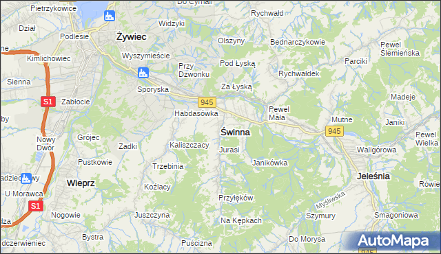 mapa Świnna powiat żywiecki, Świnna powiat żywiecki na mapie Targeo