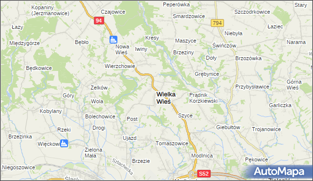 mapa Wielka Wieś powiat krakowski, Wielka Wieś powiat krakowski na mapie Targeo