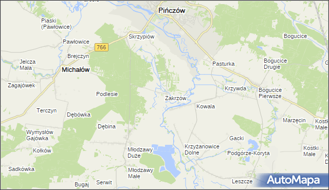 mapa Zakrzów gmina Pińczów, Zakrzów gmina Pińczów na mapie Targeo