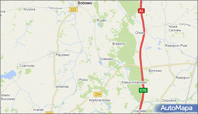 mapa Grabowo gmina Bobowo, Grabowo gmina Bobowo na mapie Targeo