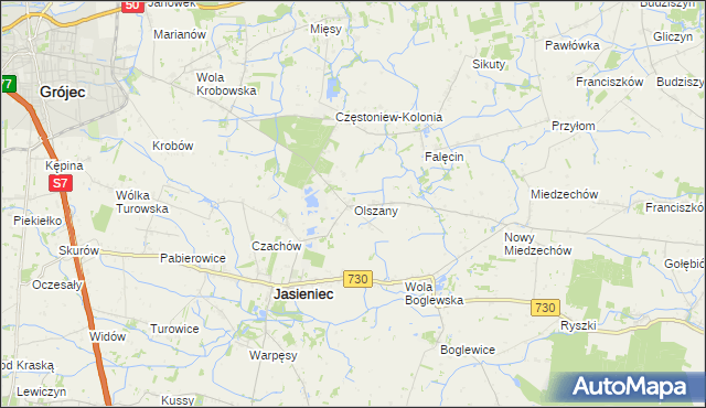 mapa Olszany gmina Jasieniec, Olszany gmina Jasieniec na mapie Targeo