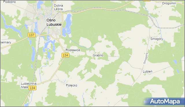 mapa Grabno gmina Ośno Lubuskie, Grabno gmina Ośno Lubuskie na mapie Targeo