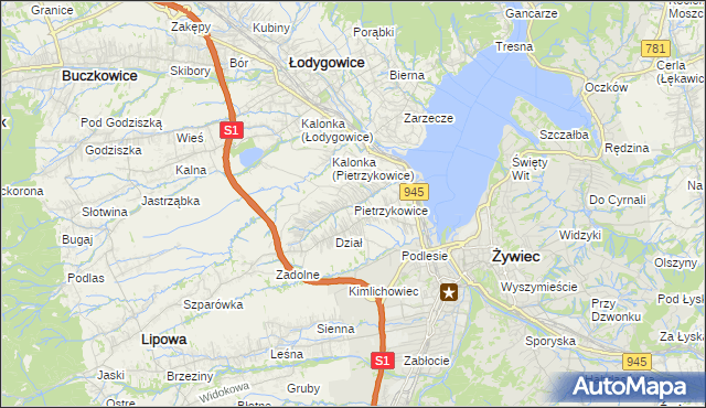 mapa Pietrzykowice gmina Łodygowice, Pietrzykowice gmina Łodygowice na mapie Targeo