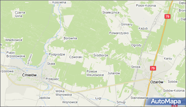 mapa Śródborze gmina Ożarów, Śródborze gmina Ożarów na mapie Targeo
