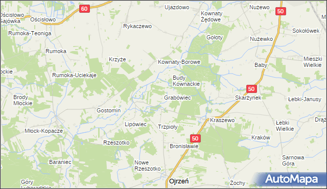 mapa Grabówiec gmina Ojrzeń, Grabówiec gmina Ojrzeń na mapie Targeo