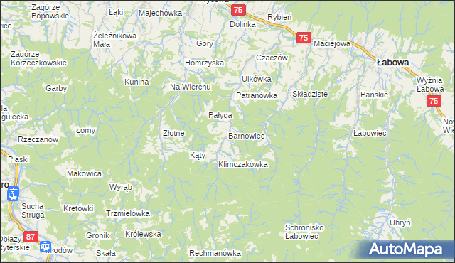 mapa Barnowiec gmina Łabowa, Barnowiec gmina Łabowa na mapie Targeo