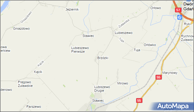 mapa Brzózki gmina Nowy Staw, Brzózki gmina Nowy Staw na mapie Targeo