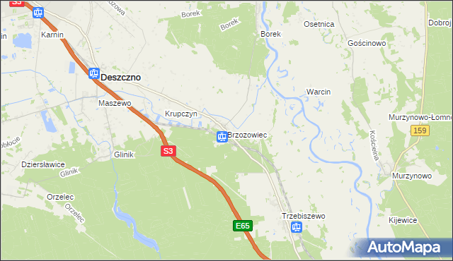 mapa Brzozowiec gmina Deszczno, Brzozowiec gmina Deszczno na mapie Targeo