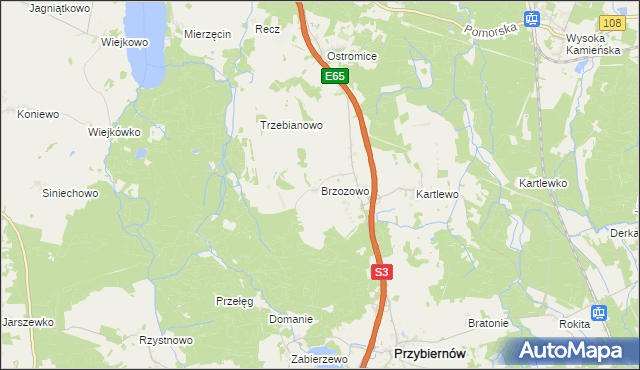 mapa Brzozowo gmina Przybiernów, Brzozowo gmina Przybiernów na mapie Targeo