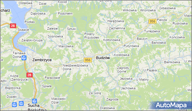 mapa Budzów powiat suski, Budzów powiat suski na mapie Targeo