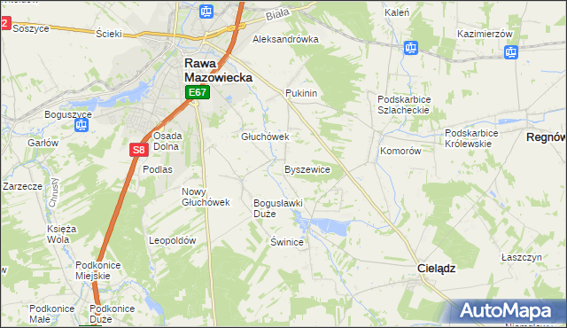 mapa Byszewice gmina Rawa Mazowiecka, Byszewice gmina Rawa Mazowiecka na mapie Targeo