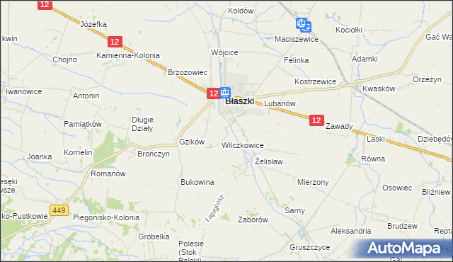 mapa Chrzanowice gmina Błaszki, Chrzanowice gmina Błaszki na mapie Targeo