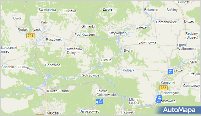 mapa Cieślin gmina Klucze, Cieślin gmina Klucze na mapie Targeo