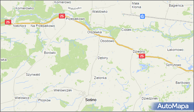 mapa Dębiny gmina Sośno, Dębiny gmina Sośno na mapie Targeo