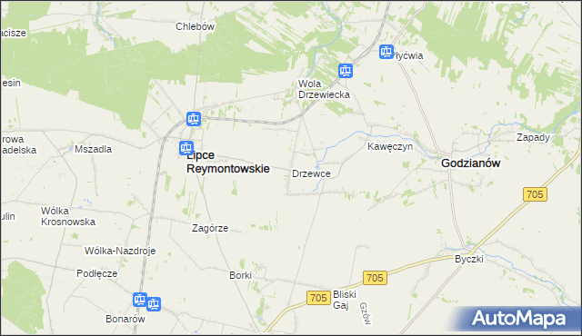 mapa Drzewce gmina Lipce Reymontowskie, Drzewce gmina Lipce Reymontowskie na mapie Targeo