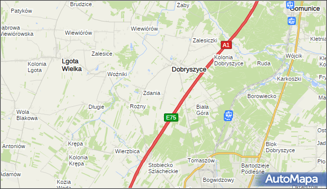 mapa Galonki gmina Dobryszyce, Galonki gmina Dobryszyce na mapie Targeo