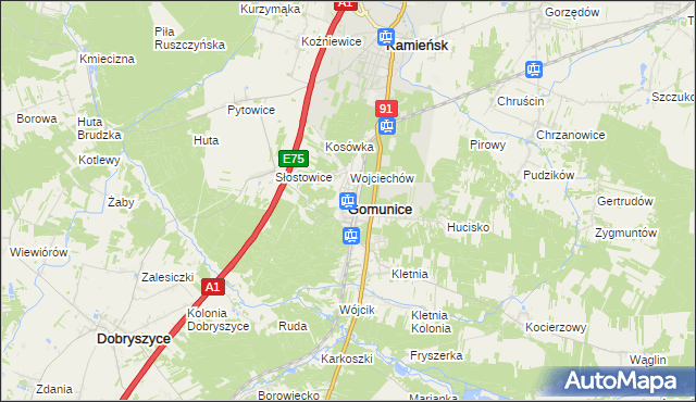 mapa Gomunice, Gomunice na mapie Targeo