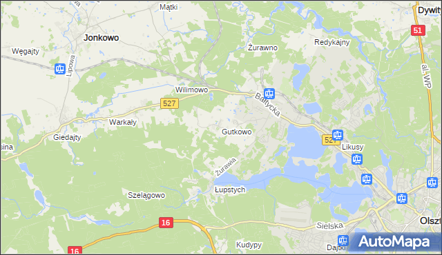 mapa Gutkowo gmina Jonkowo, Gutkowo gmina Jonkowo na mapie Targeo