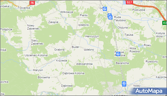 mapa Izdebno gmina Łaskarzew, Izdebno gmina Łaskarzew na mapie Targeo