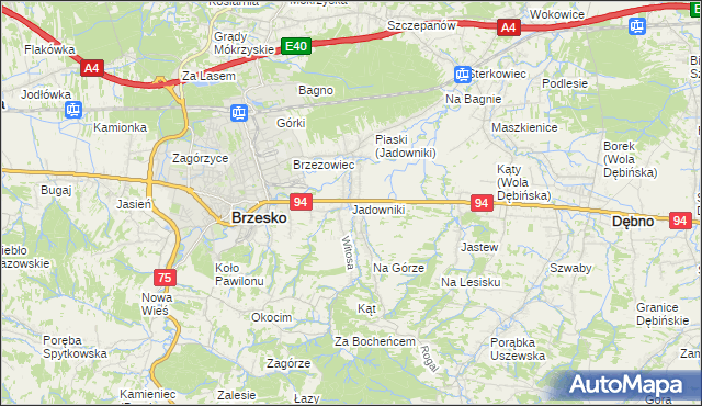 mapa Jadowniki gmina Brzesko, Jadowniki gmina Brzesko na mapie Targeo