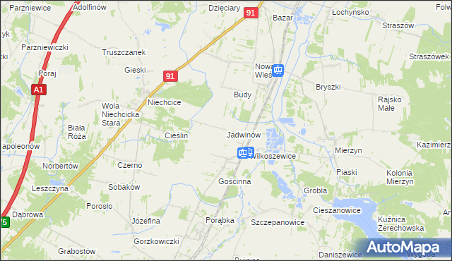 mapa Jadwinów gmina Gorzkowice, Jadwinów gmina Gorzkowice na mapie Targeo