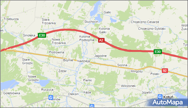 mapa Jagodne gmina Kotuń, Jagodne gmina Kotuń na mapie Targeo