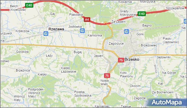 mapa Jasień gmina Brzesko, Jasień gmina Brzesko na mapie Targeo