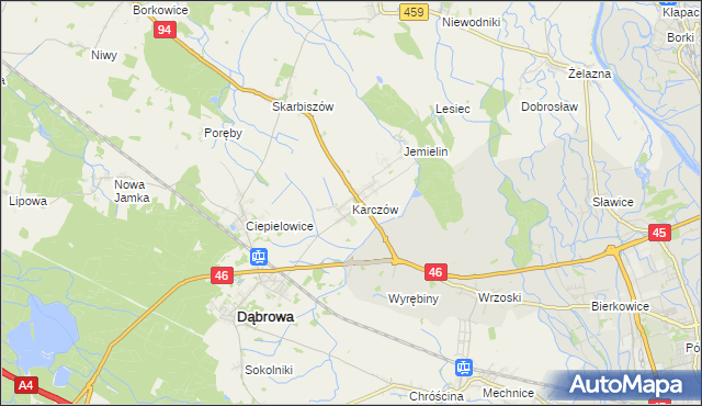 mapa Karczów gmina Dąbrowa, Karczów gmina Dąbrowa na mapie Targeo