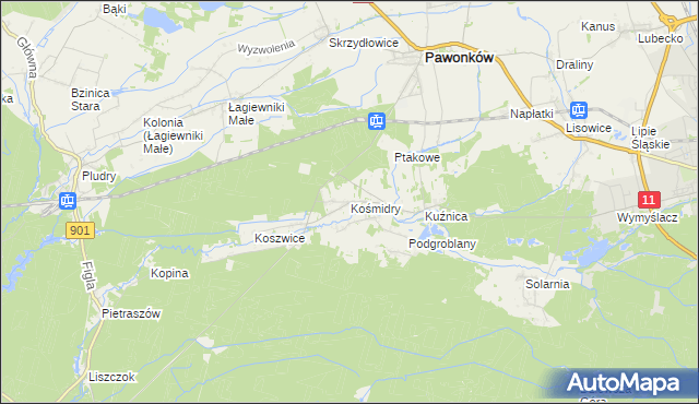 mapa Kośmidry gmina Pawonków, Kośmidry gmina Pawonków na mapie Targeo