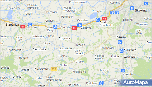 mapa Krzęcin gmina Skawina, Krzęcin gmina Skawina na mapie Targeo