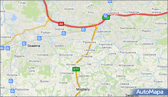 mapa Libertów gmina Mogilany, Libertów gmina Mogilany na mapie Targeo