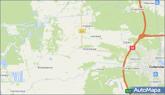 mapa Modrzewie gmina Goleniów, Modrzewie gmina Goleniów na mapie Targeo