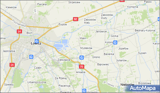 mapa Mysłaków gmina Nieborów, Mysłaków gmina Nieborów na mapie Targeo