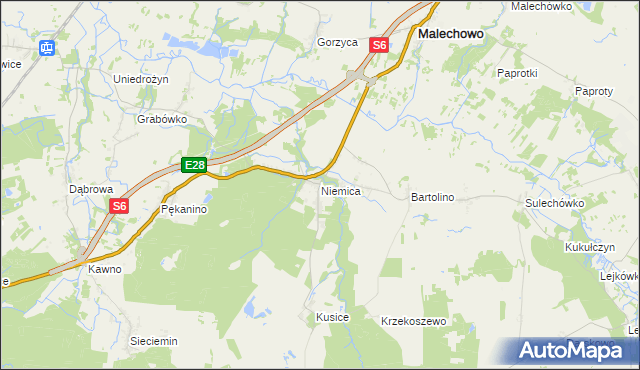 mapa Niemica gmina Malechowo, Niemica gmina Malechowo na mapie Targeo