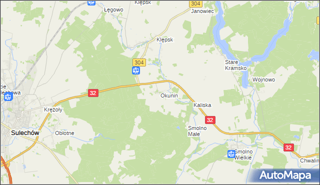 mapa Okunin gmina Sulechów, Okunin gmina Sulechów na mapie Targeo