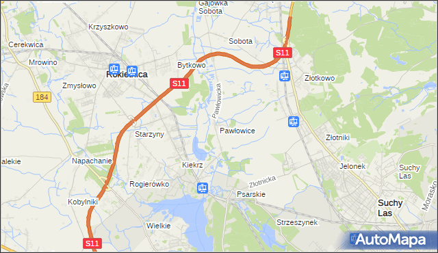 mapa Pawłowice gmina Rokietnica, Pawłowice gmina Rokietnica na mapie Targeo