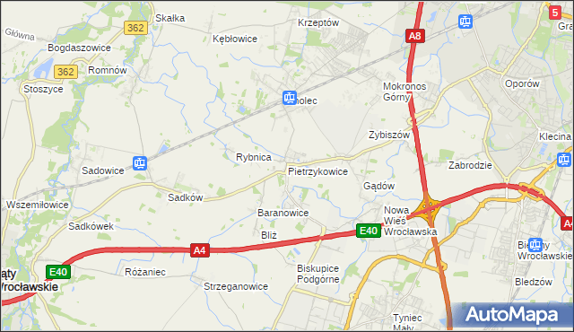 mapa Pietrzykowice gmina Kąty Wrocławskie, Pietrzykowice gmina Kąty Wrocławskie na mapie Targeo