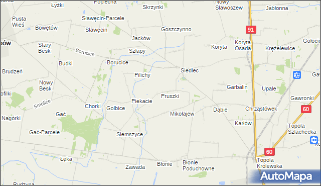 mapa Pruszki gmina Łęczyca, Pruszki gmina Łęczyca na mapie Targeo