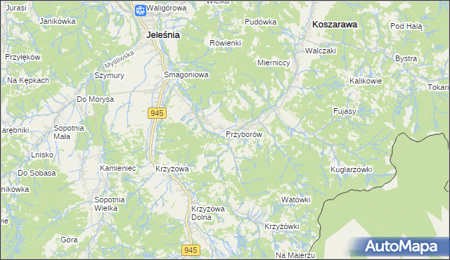 mapa Przyborów gmina Jeleśnia, Przyborów gmina Jeleśnia na mapie Targeo