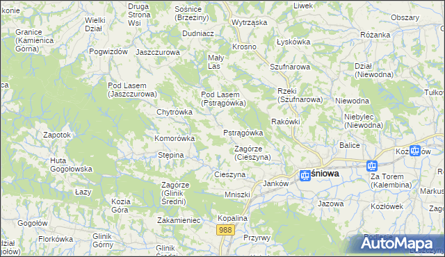 mapa Pstrągówka gmina Wiśniowa, Pstrągówka gmina Wiśniowa na mapie Targeo