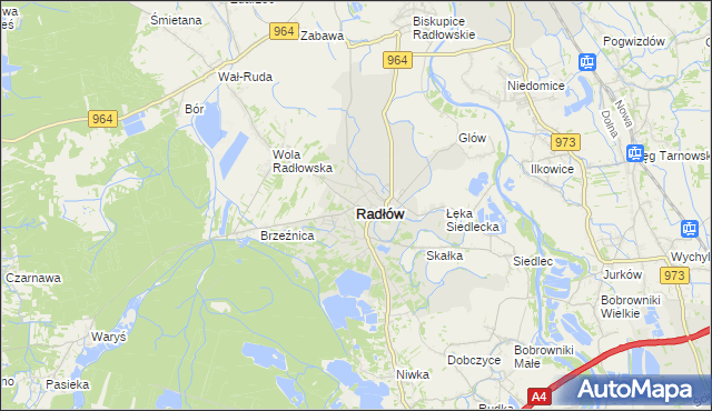 mapa Radłów powiat tarnowski, Radłów powiat tarnowski na mapie Targeo