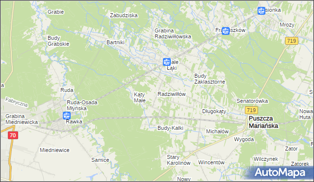 mapa Radziwiłłów gmina Puszcza Mariańska, Radziwiłłów gmina Puszcza Mariańska na mapie Targeo