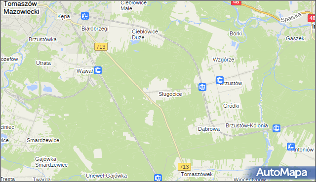 mapa Sługocice gmina Tomaszów Mazowiecki, Sługocice gmina Tomaszów Mazowiecki na mapie Targeo