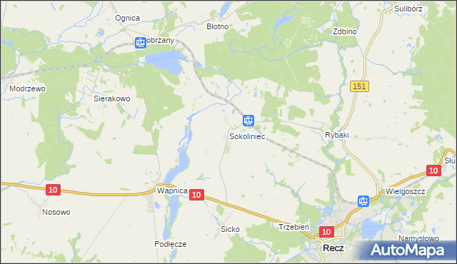 mapa Sokoliniec gmina Recz, Sokoliniec gmina Recz na mapie Targeo