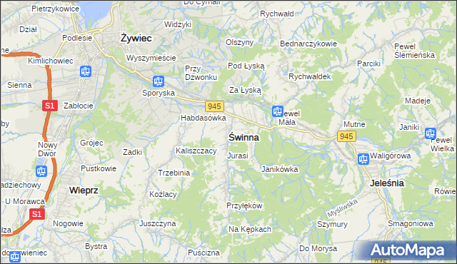 mapa Świnna powiat żywiecki, Świnna powiat żywiecki na mapie Targeo