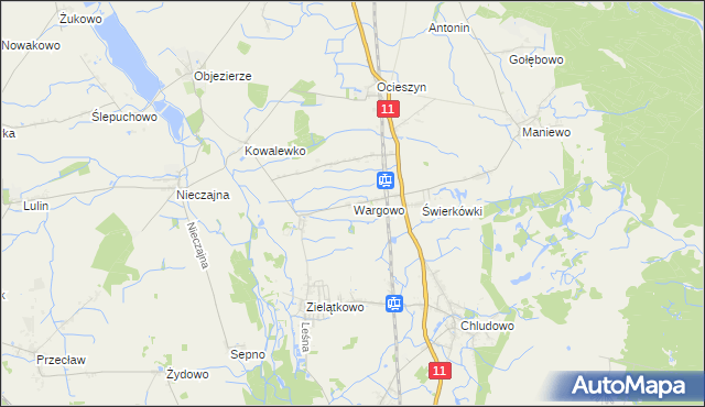 mapa Wargowo gmina Oborniki, Wargowo gmina Oborniki na mapie Targeo