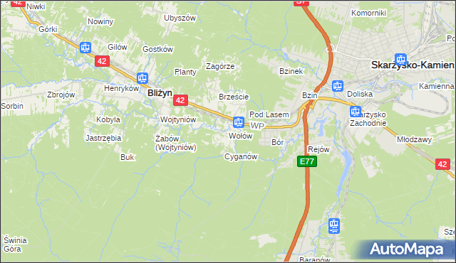 mapa Wołów gmina Bliżyn, Wołów gmina Bliżyn na mapie Targeo