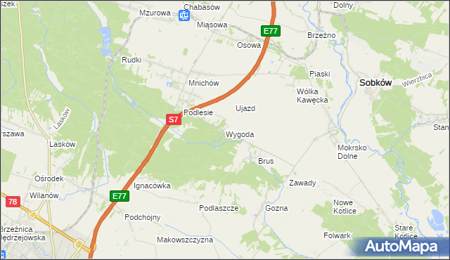 mapa Wygoda gmina Jędrzejów, Wygoda gmina Jędrzejów na mapie Targeo